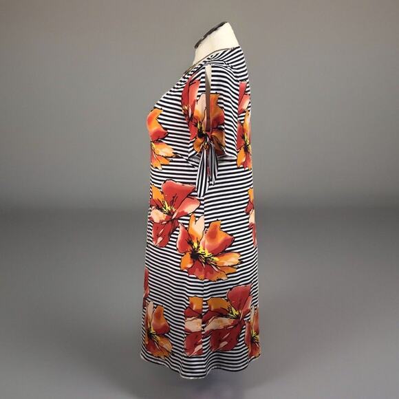 Perceptions Boho Dress Womens 8 Black Floral/Stripe Stretch Lightweight 3/4 SLV - Picture 7 of 10